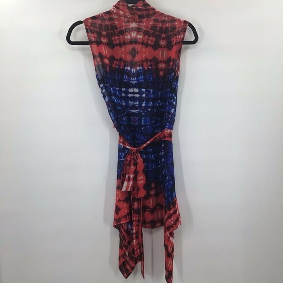 BCBGMaxazria Women's Sz XXS Red/Blue Persian 100% Silk Sleeveless Wrap Blouse - Picture 6 of 7